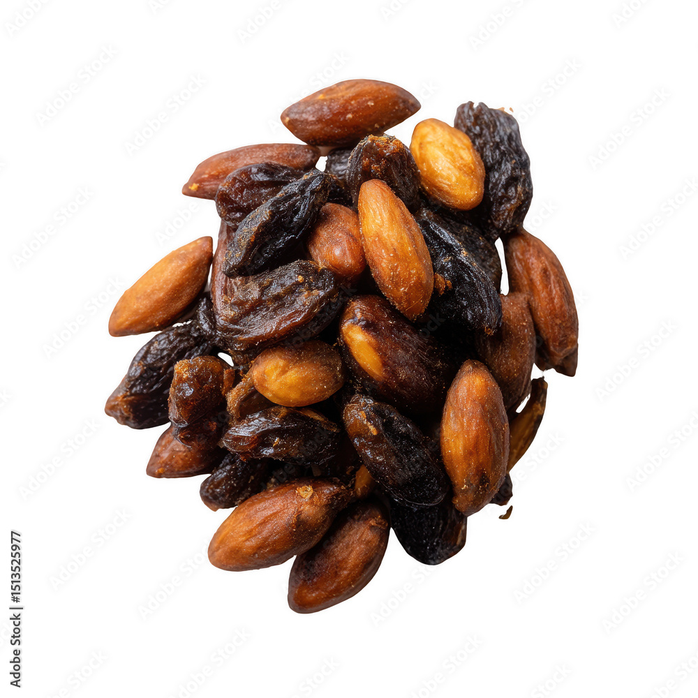 Obraz premium A close-up view of a mix of nuts and dried fruits, featuring a variety of textures and colors, isolated on a white background.