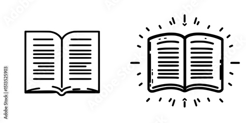 Vector icons of an open book and a glowing open book showcasing designs for educational projects, reading resources, or literary themes