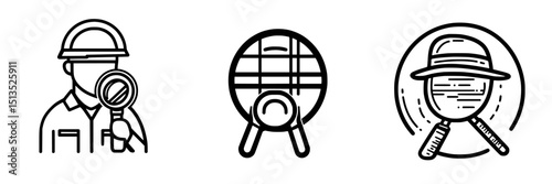 Vector icons representing inspection, globe analysis, and magnifying glass examination by a worker with hard hat