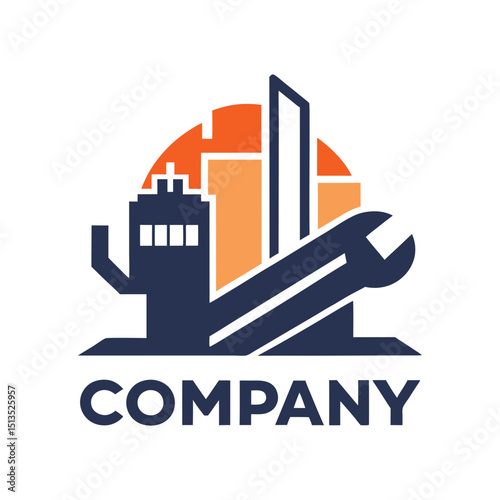 Abstract building construction logo featuring cityscape and tools