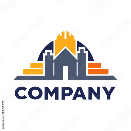 Construction industry logo design concept with helmet and buildings