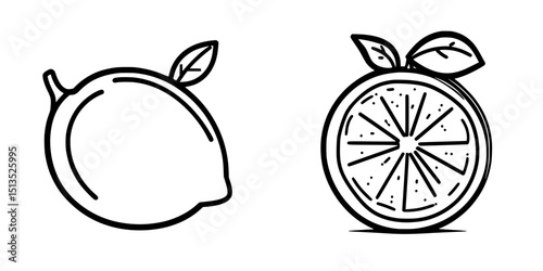 Illustrations of a lemon and orange showcasing fresh citrus fruits with leaves in a simple black vector style