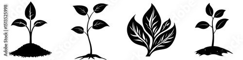 Black vector icons of various plant designs showcasing growth and nature motifs for graphic design