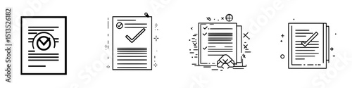 Black vector icons representing documents with checkmarks and symbols for completion and verification in a minimalist style