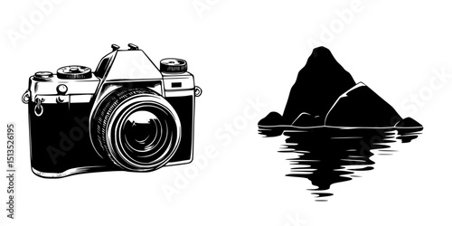 Vector icon depicting a classic camera beside a mountain silhouette reflecting in water