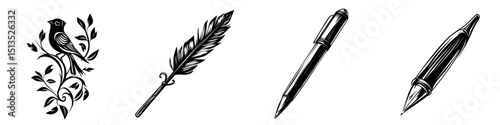 Black vector icons representing a bird, quill, and various pens arranged in a decorative manner for artistic design purposes