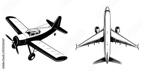 Black vector icons of an airplane viewed from the side and above, representing aviation designs for various uses