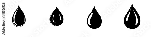 Various black vector icons of water droplets in different styles showcasing design versatility and simplicity