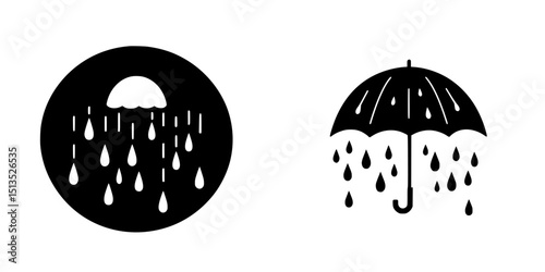 Black vector icons illustrating rain and an umbrella captured in a minimalist style, suitable for weather-related designs or applications