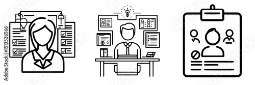 Creative black vector icons representing business activities including team profiles, job interviews, and workplace dynamics
