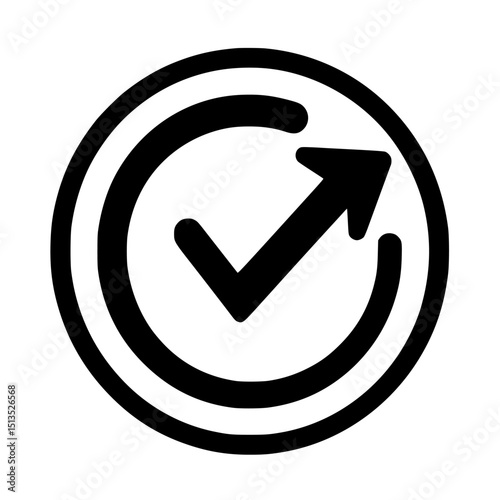 Vector icon of a check mark inside a circular outline indicating completion and approval in black design