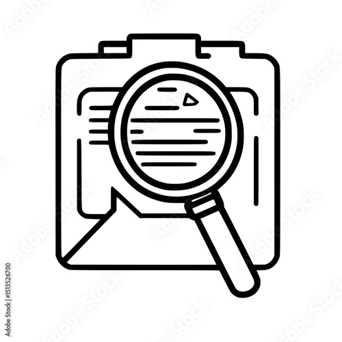 Vector icon depicting a magnifying glass over a clipboard with documents, suitable for representing search and analysis activities