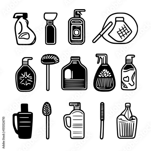 Vector icon collection of various cleaning supplies and tools for household tasks