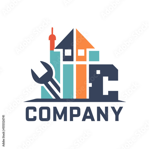 Abstract home repair company logo design, house with wrench