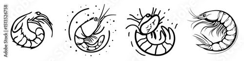 Vector icon collection featuring various shrimp designs in a minimalist style suitable for culinary or marine-themed projects