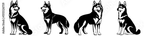 Black vector icons of Siberian Huskies in various poses showcasing their playful and loyal nature