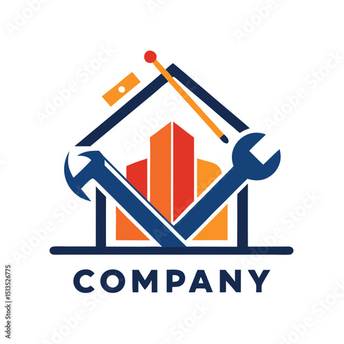 Construction renovation logo featuring tools and a building silhouette