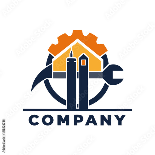 Construction repair company logo with gear, wrench, and hammer