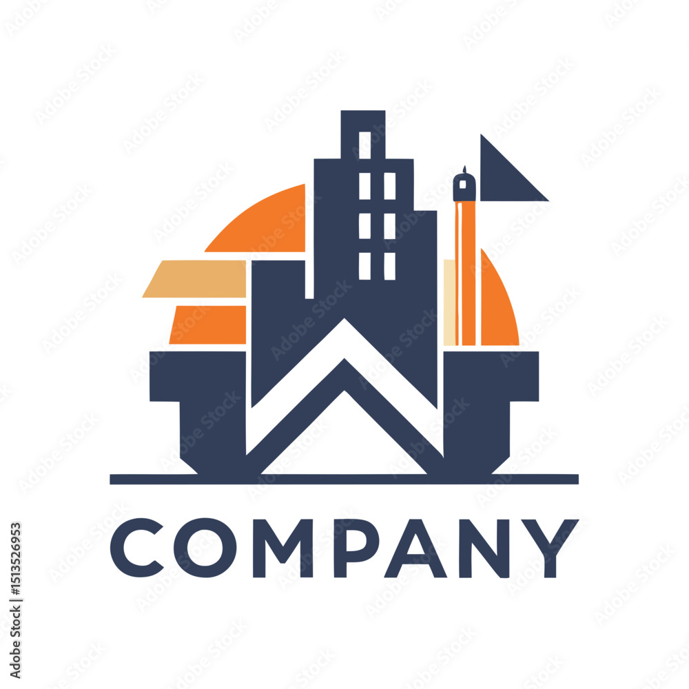 Obraz premium Abstract building silhouette with sunset vector logo illustration