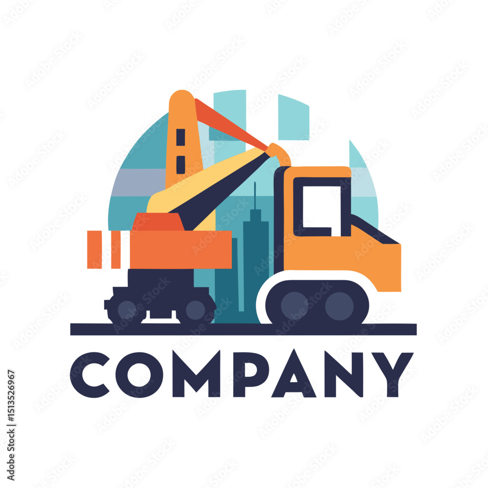 Naklejka premium Construction truck logo with urban skyline in simple shapes