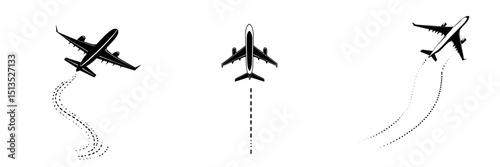 Vector graphic of three airplanes in different flight positions with a focus on aviation and travel