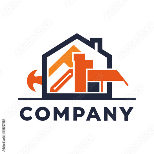 Home repair construction company logo with blue orange elements