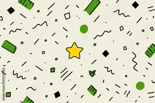 Colorful abstract pattern with geometric shapes and playful designs featuring a yellow star on a light background