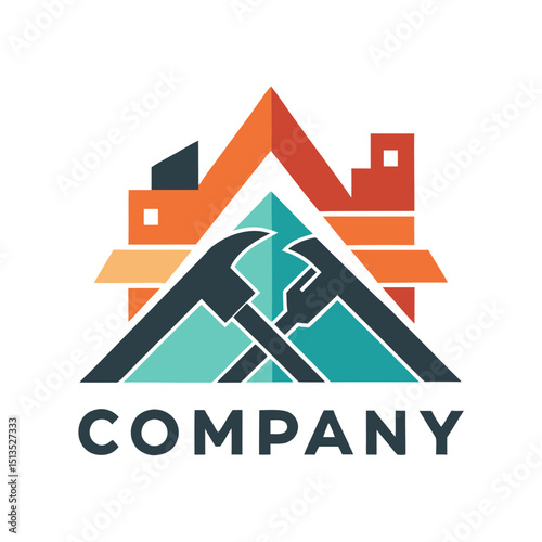 Abstract home construction logo with crossed hammers and company name