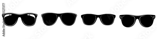 Four black vector icons of sunglasses in various styles showcasing fashionable eyewear design for summer activities and outdoor events