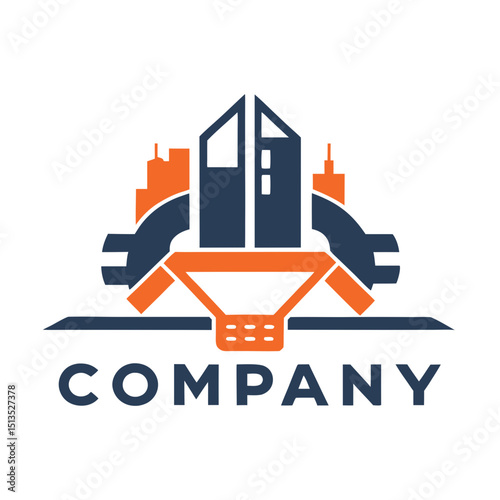 Abstract building and gear combination vector logo design template