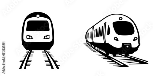 Stylish black vector icons of modern trains facing each other on railway tracks
