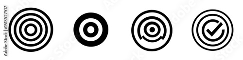 Vector black icons representing concentric circles and verification symbols with clear design for digital applications and user interfaces