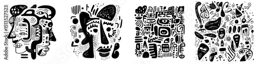 Unique black vector icon collection showcasing abstract and artistic patterns with faces and forms in a minimalist design