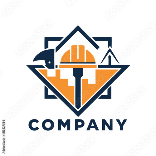 Construction firm logo with hard hat inside shield