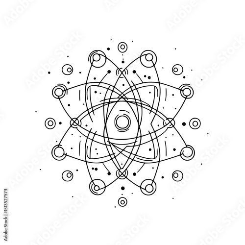 Abstract black vector icon representing a complex atom design with interconnected elements and circular forms