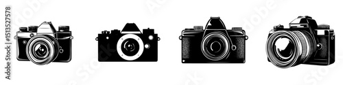 Collection of black vector icons depicting various styles of cameras arranged from left to right