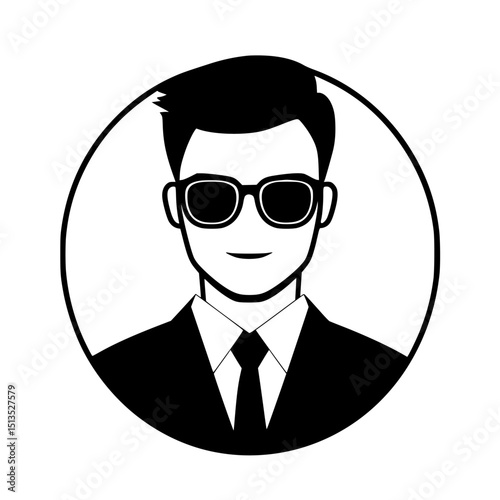 Stylish black vector icon of a confident man wearing sunglasses and a suit in a minimalist design