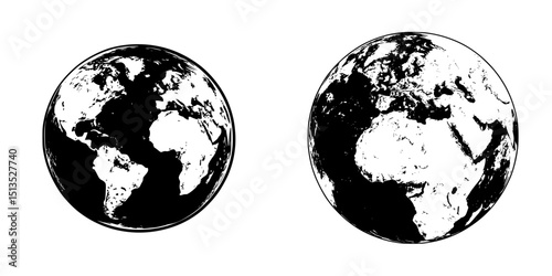 Stylized black vector icon of the world map featuring continents and oceans in a minimalist design