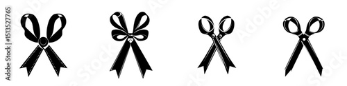 Black vector icons of ribbons and scissors designed for various decoration and craft activities in a minimalist style