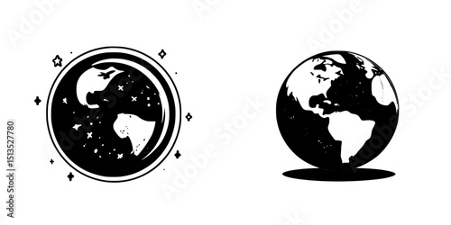 Unique black vector icon designs of Earth featuring celestial elements and a shaded globe representation