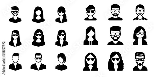 Stylized black vector icons depicting diverse individuals with various hairstyles and accessories