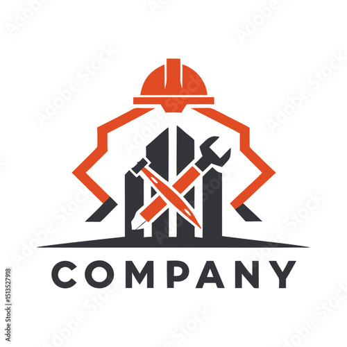 Construction company logo with hard hat and equipment tools