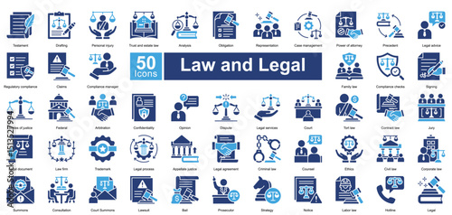 Law and Legal icon collection set. testament, drafting, personal injury, trust and estate law, analysis, obligation, simple vector two color style icon.