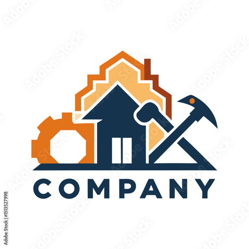 Construction company logo combining house, gear, and pickaxe icon