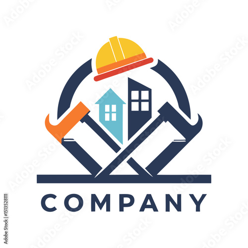Construction and renovation company logo with house and tools