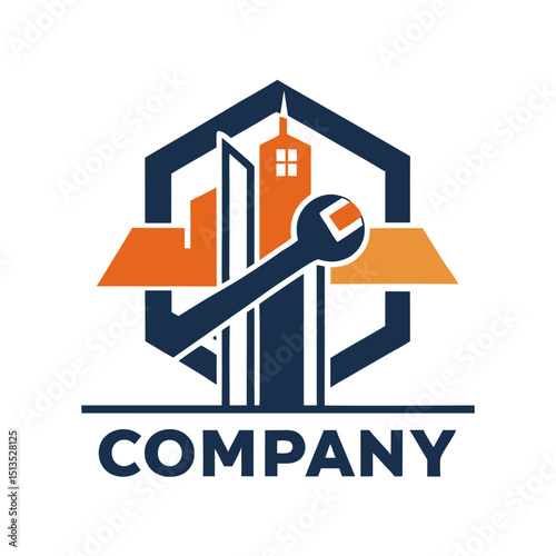 Construction and maintenance company logo with wrench and buildings