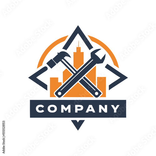 Construction company logo featuring tools and a building silhouette