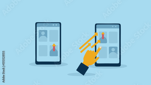 Mobile Growth Strategy Hand Touching Smartphone Screen with Rising Arrows Digital Marketing Business Analytics