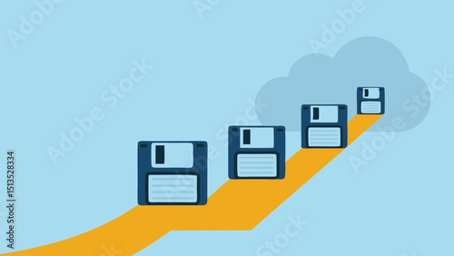 Floppy Disks Ascending to Cloud Storage Data Migration Concept Legacy to Cloud Digital Transformation Archival