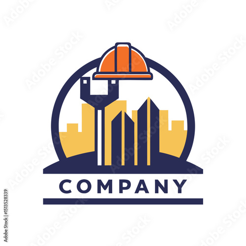 Construction company logo design with city and hardhat icon